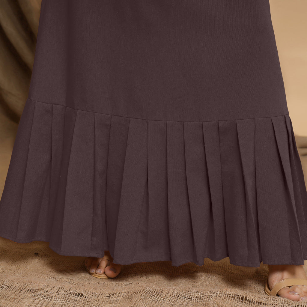 Brown Cotton Flax Mandarin Collar Floor Length Tier Dress