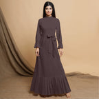 Brown Cotton Flax Mandarin Collar Floor Length Tier Dress