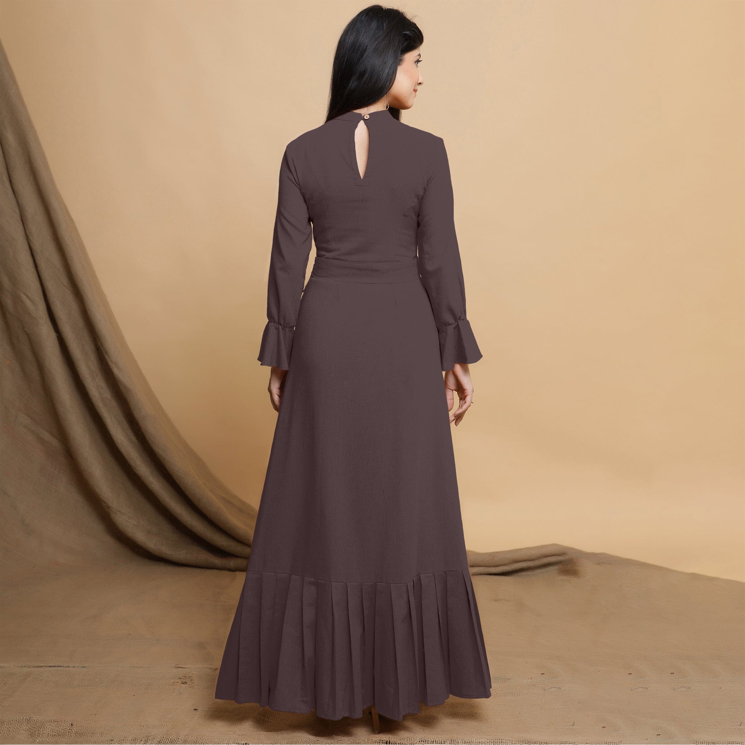 Brown Cotton Flax Mandarin Collar Floor Length Tier Dress