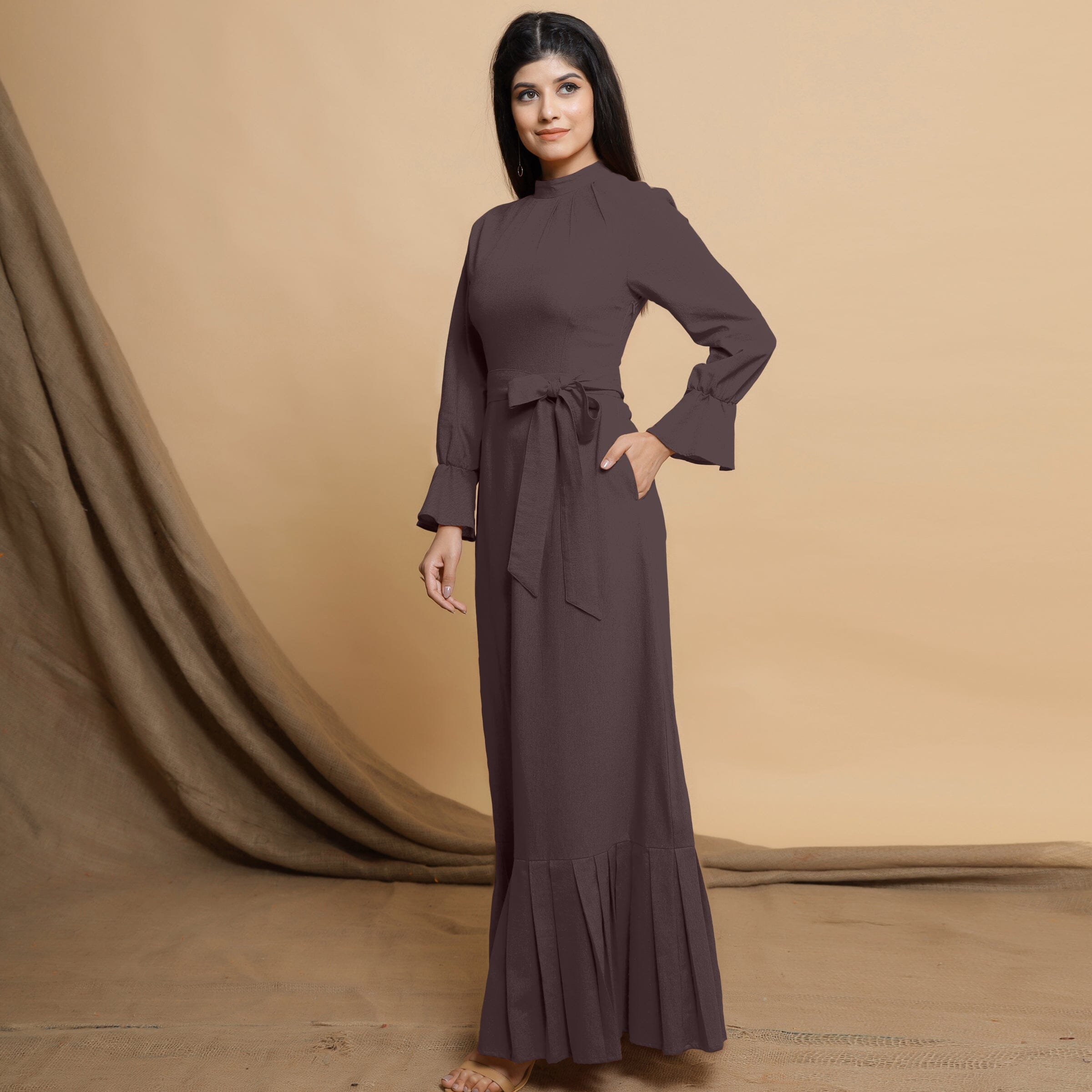 Brown Cotton Flax Mandarin Collar Floor Length Tier Dress