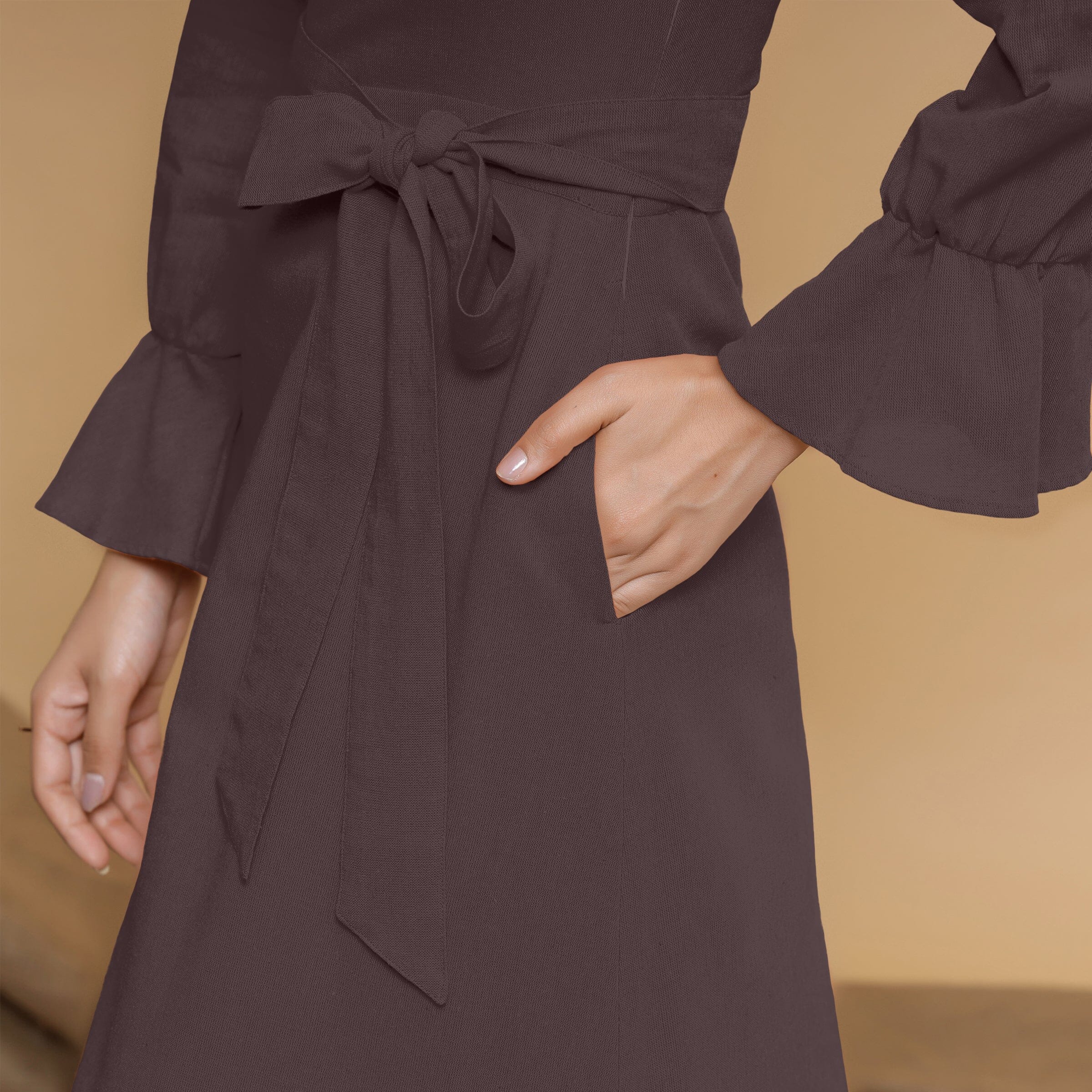 Brown Cotton Flax Mandarin Collar Floor Length Tier Dress