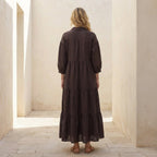 Brown Cotton Flax Deep-V Maxi Tier Dress
