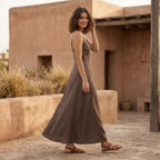 Brown Cotton Flax Deep V-Neck Cami Maxi Dress