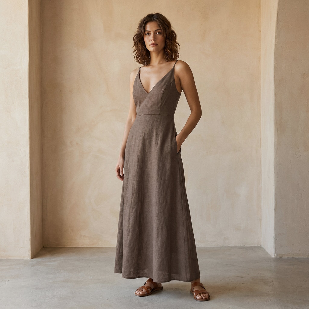 Brown Cotton Flax Deep V-Neck Cami Maxi Dress