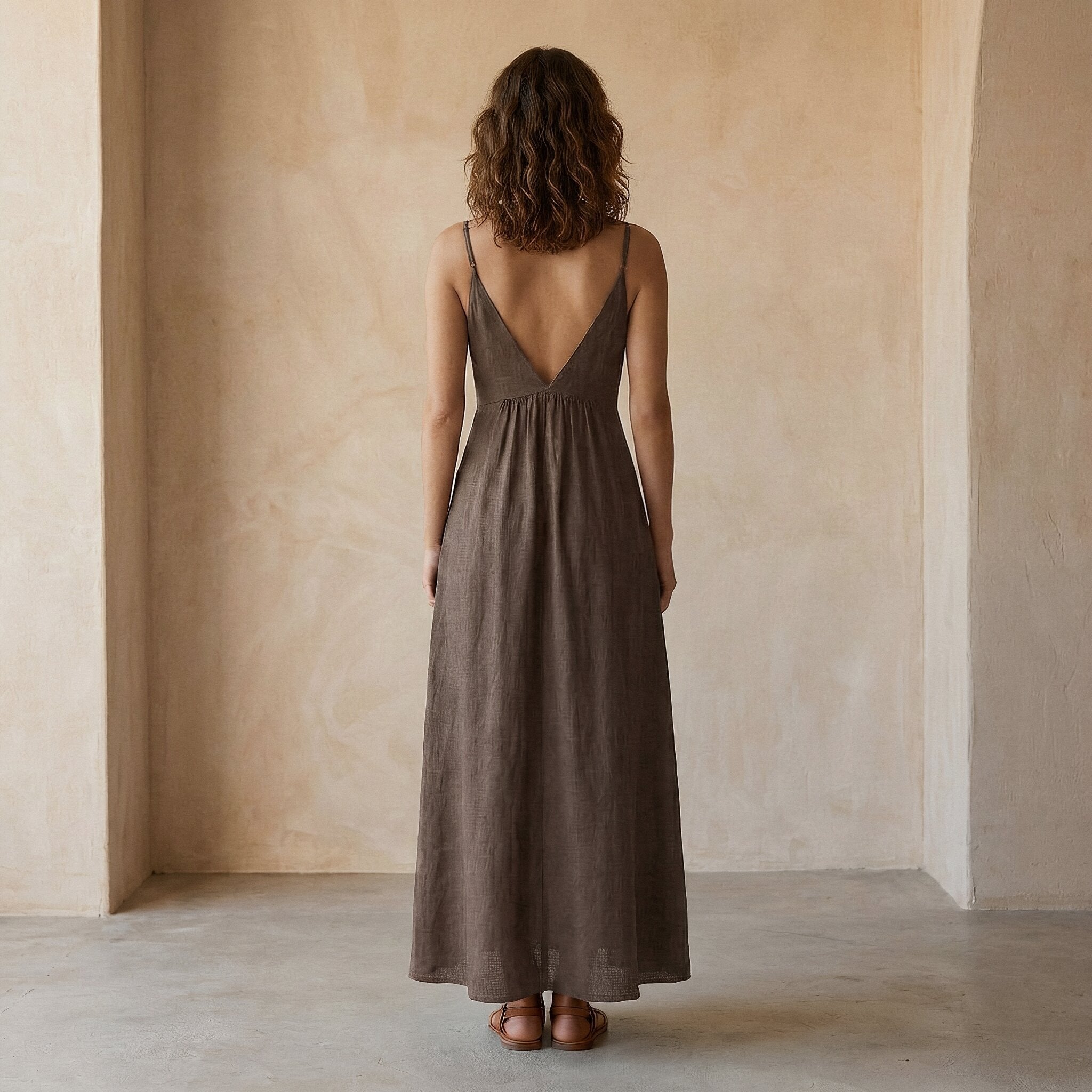 Brown Cotton Flax Deep V-Neck Cami Maxi Dress