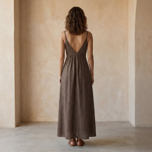 Brown Cotton Flax Deep V-Neck Cami Maxi Dress