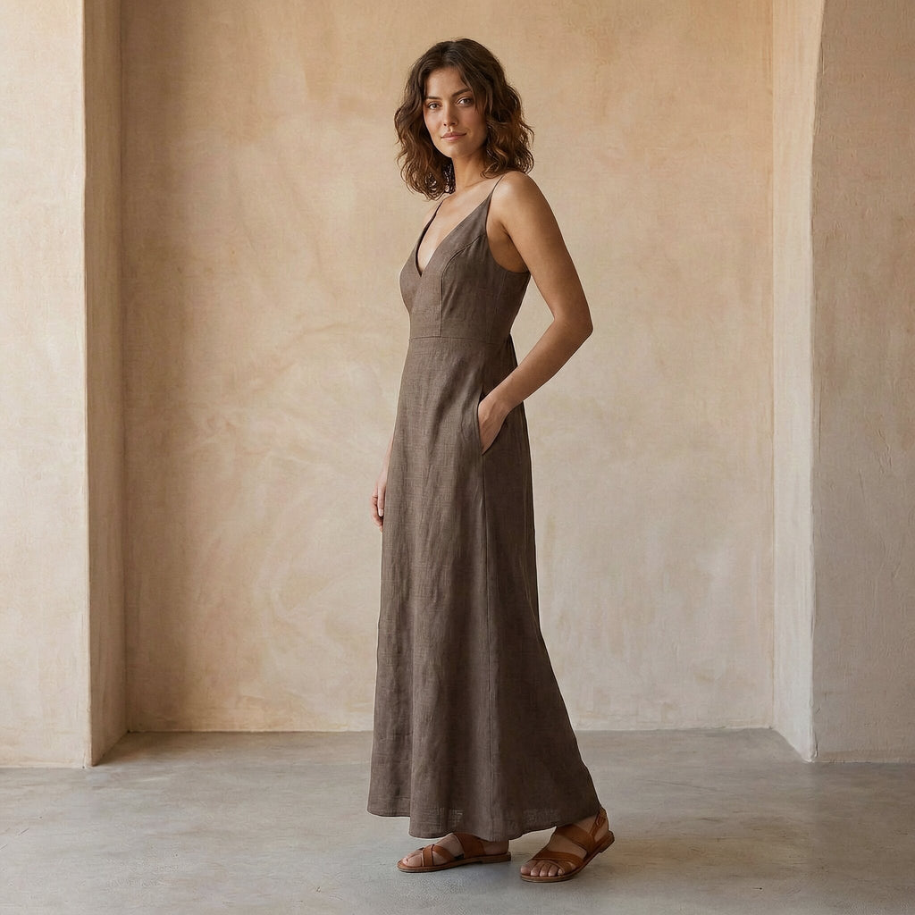 Brown Cotton Flax Deep V-Neck Cami Maxi Dress