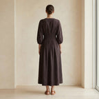 Brown Cotton Flax Deep-V Neck Empire Waist Maxi Dress