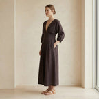 Brown Cotton Flax Deep-V Neck Empire Waist Maxi Dress