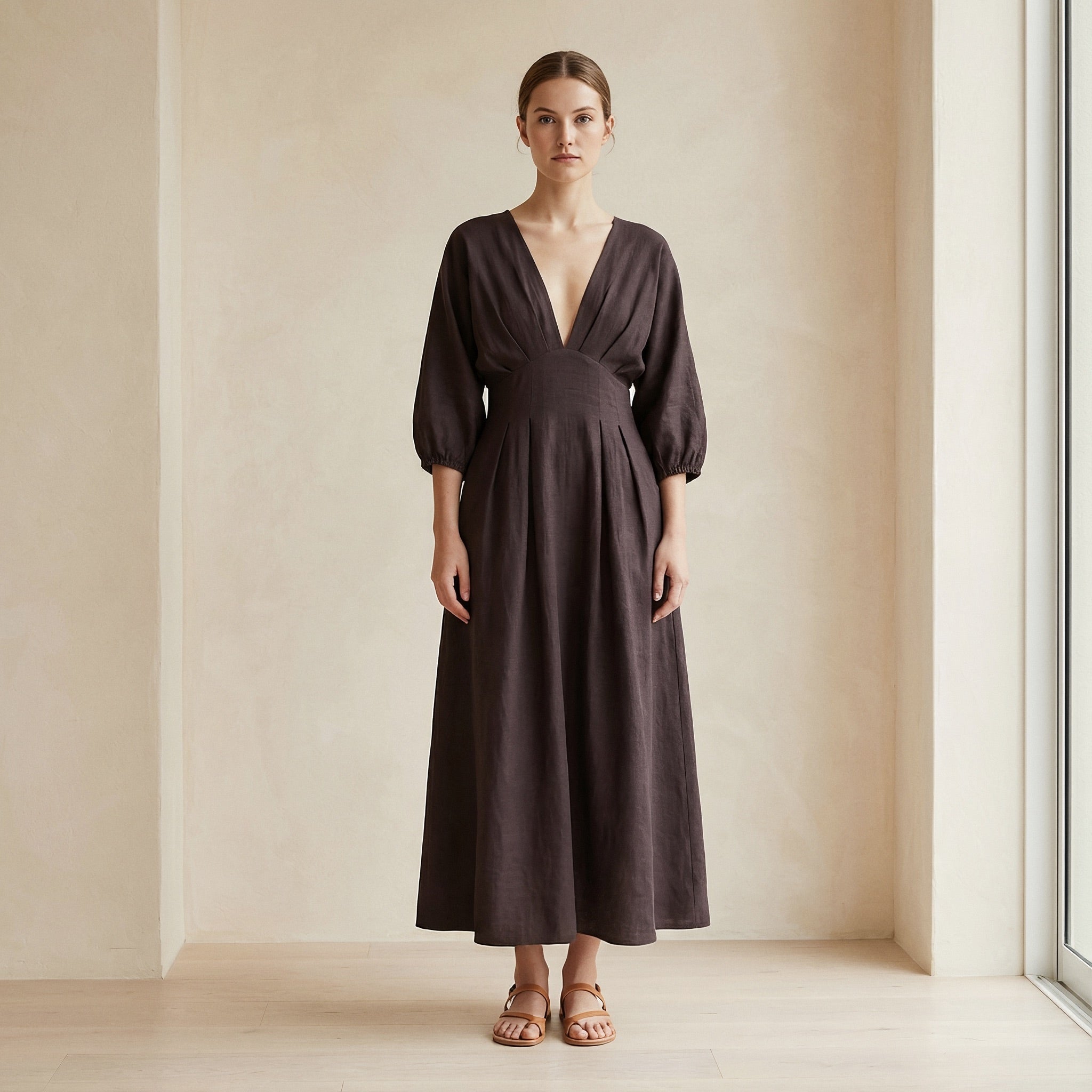 Brown Cotton Flax Deep-V Neck Empire Waist Maxi Dress