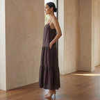 Brown Cotton Flax Drop-Waist Camisole Maxi Tier Dress