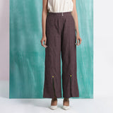 Brown Cotton Flax Elasticated Mid-Rise Wide Legged Pant