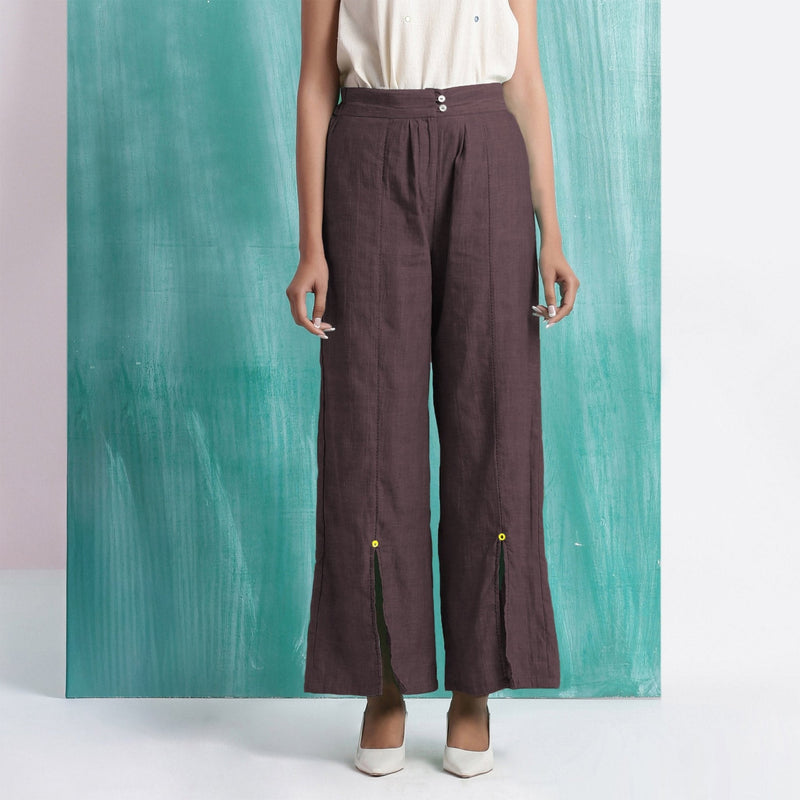 Brown Cotton Flax Elasticated Mid-Rise Wide Legged Pant