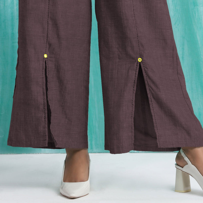 Brown Cotton Flax Elasticated Mid-Rise Wide Legged Pant