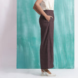 Brown Cotton Flax Elasticated Mid-Rise Wide Legged Pant