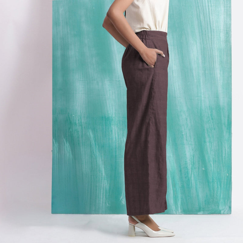 Brown Cotton Flax Elasticated Mid-Rise Wide Legged Pant