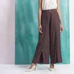 Brown Cotton Flax Elasticated Mid-Rise Wide Legged Pant