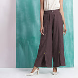 Brown Cotton Flax Elasticated Mid-Rise Wide Legged Pant