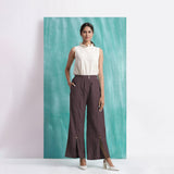 Brown Cotton Flax Elasticated Mid-Rise Wide Legged Pant