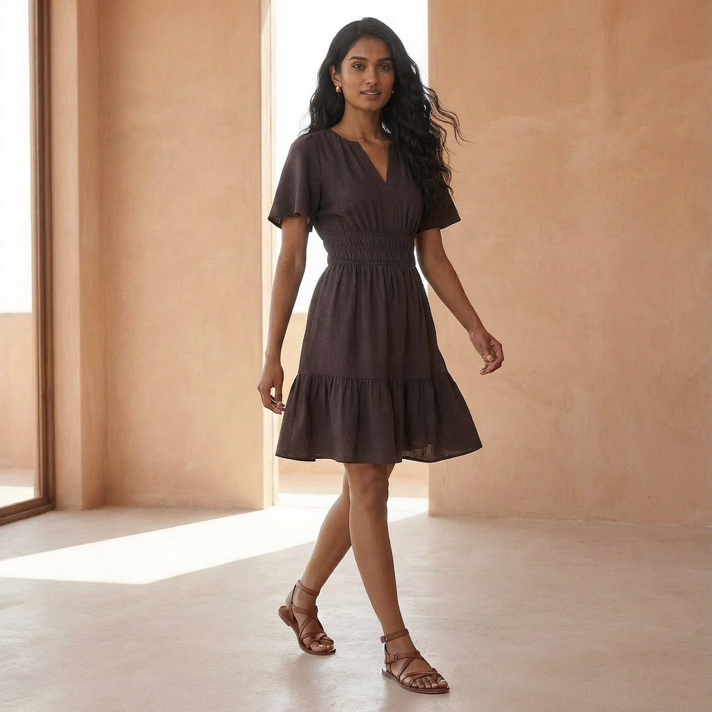 Brown Cotton Flax Elasticated Short Tier Dress