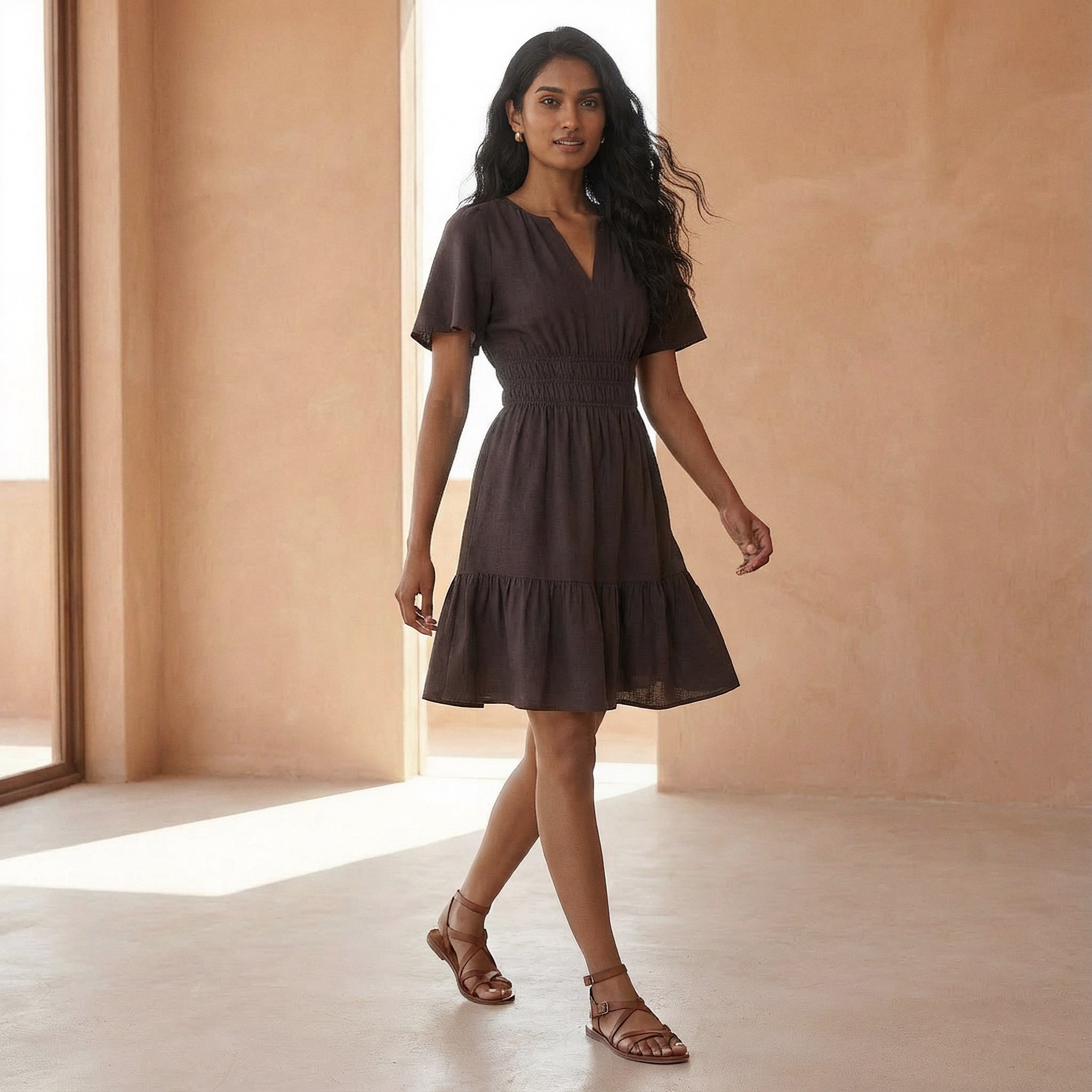 Brown Cotton Flax Elasticated Short Tier Dress