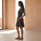Brown Cotton Flax Elasticated Short Tier Dress