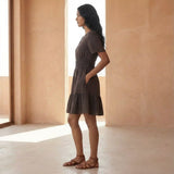 Brown Cotton Flax Elasticated Short Tier Dress