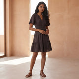 Brown Cotton Flax Elasticated Short Tier Dress