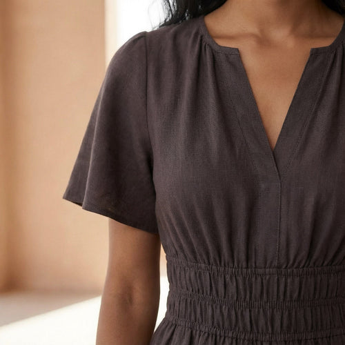 Brown Cotton Flax Elasticated Short Tier Dress
