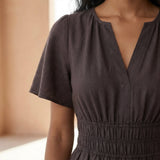 Brown Cotton Flax Elasticated Short Tier Dress