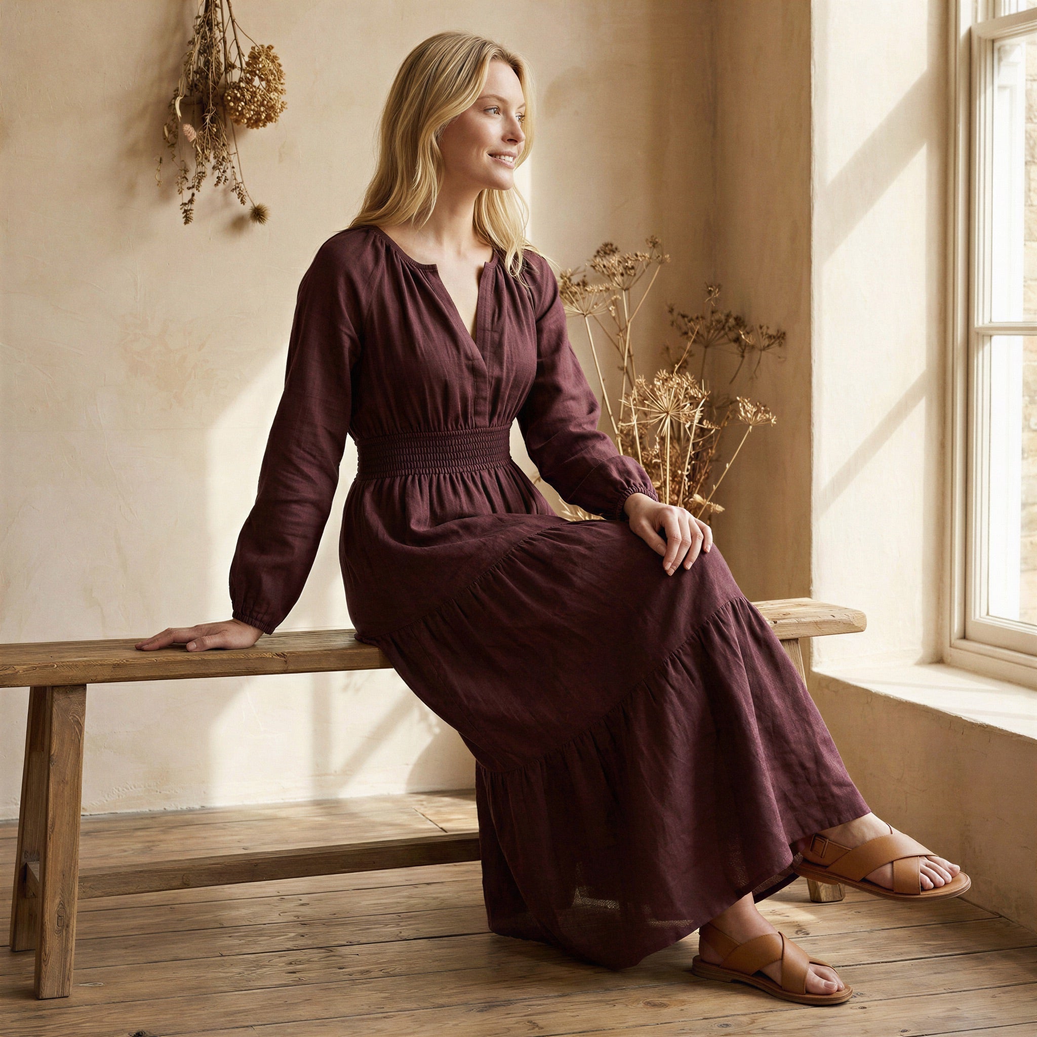Brown Cotton Flax Fit and Flare Maxi Tier Dress