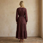 Brown Cotton Flax Fit and Flare Maxi Tier Dress