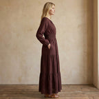 Brown Cotton Flax Fit and Flare Maxi Tier Dress
