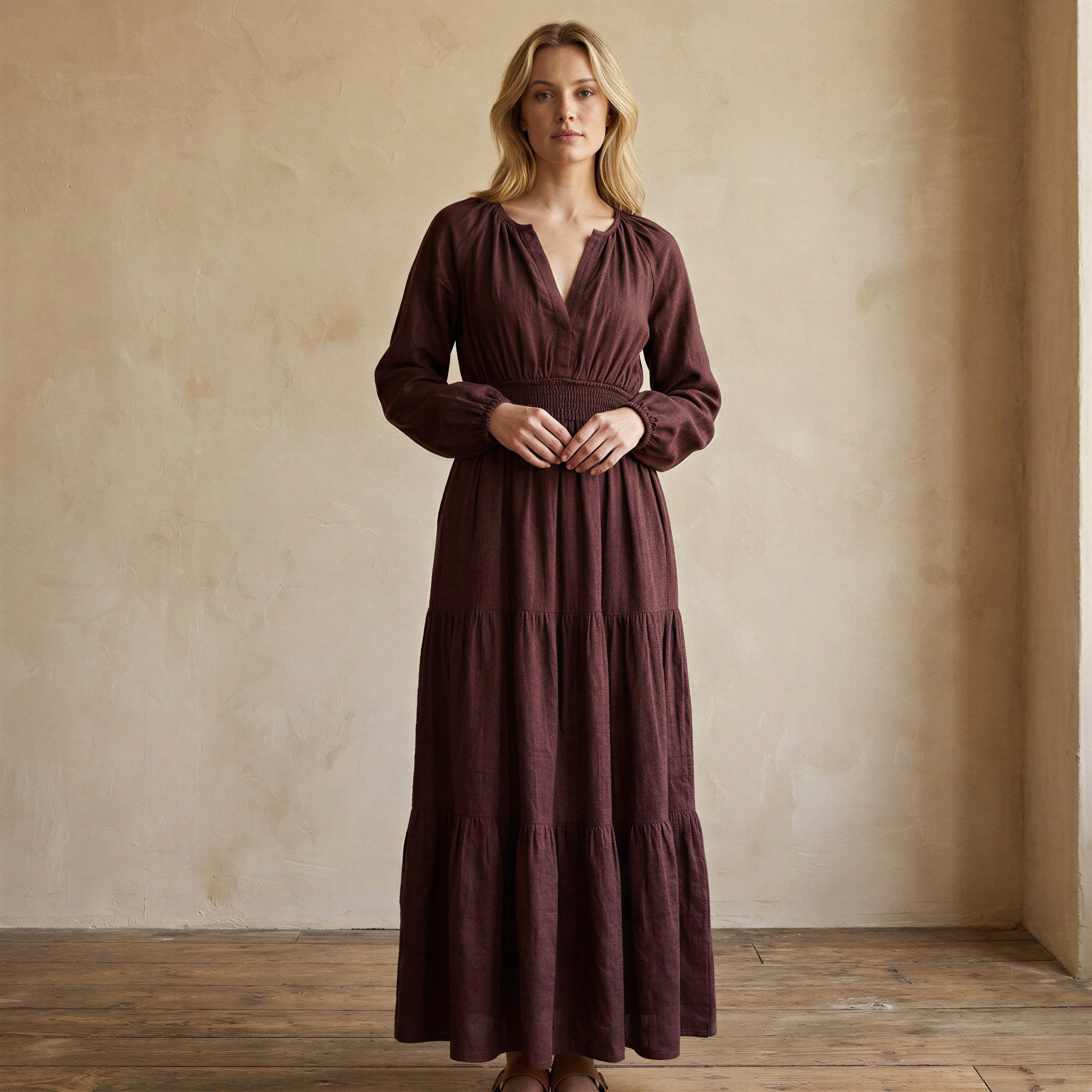 Brown Cotton Flax Fit and Flare Maxi Tier Dress