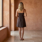Brown Cotton Flax Fit and Flare Short Dress