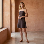 Brown Cotton Flax Fit and Flare Short Dress