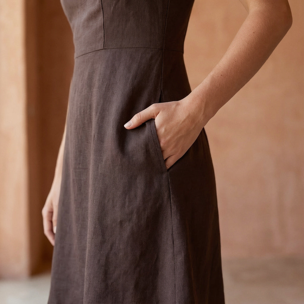 Brown Cotton Flax Fit and Flare Short Dress