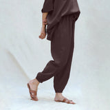 Brown Cotton Flax High-Rise Elasticated Jogger Pant