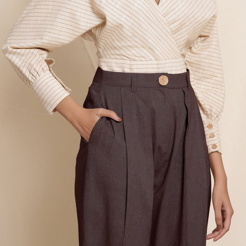 Brown Cotton Flax High-Rise Pegged Chino Pant
