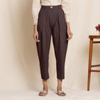 Brown Cotton Flax High-Rise Pegged Chino Pant