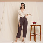 Brown Cotton Flax High-Rise Pegged Chino Pant