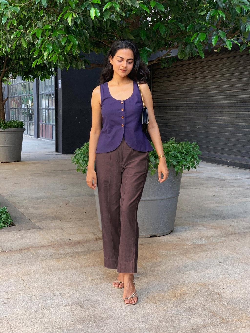 Brown Cotton Flax High-Rise Straight Leg Pant