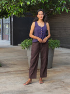 Brown Cotton Flax High-Rise Straight Leg Pant