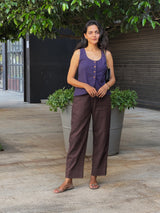 Brown Cotton Flax High-Rise Straight Leg Pant