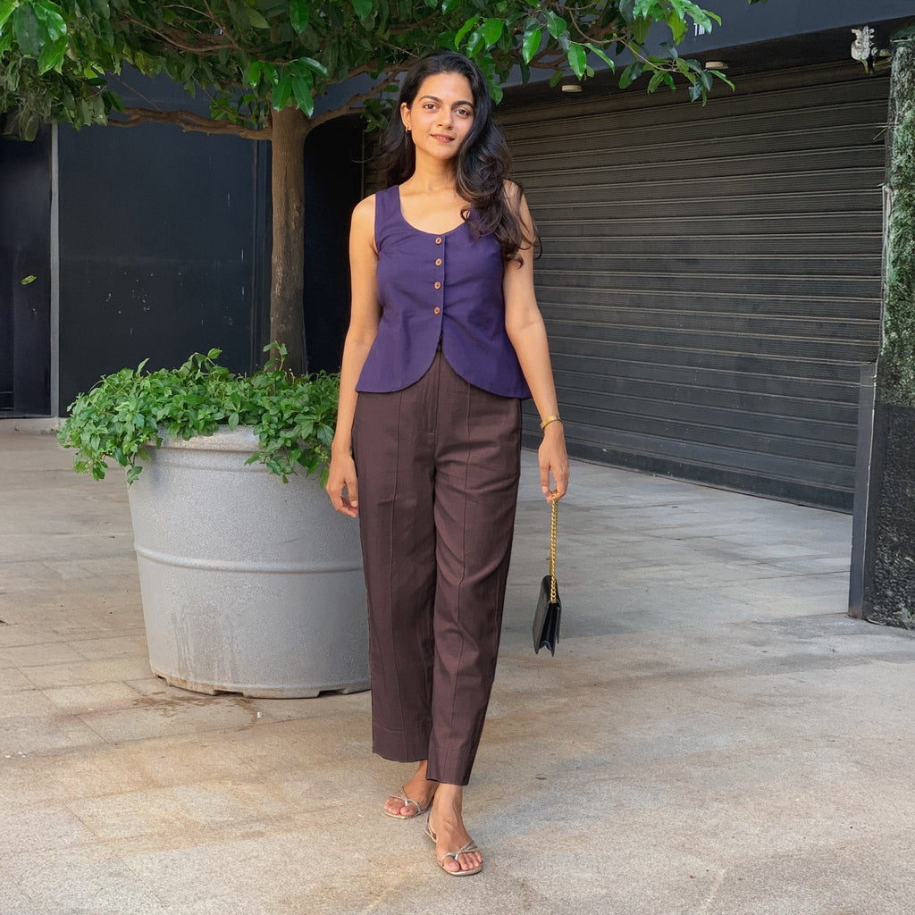 Brown Cotton Flax High-Rise Straight Leg Pant