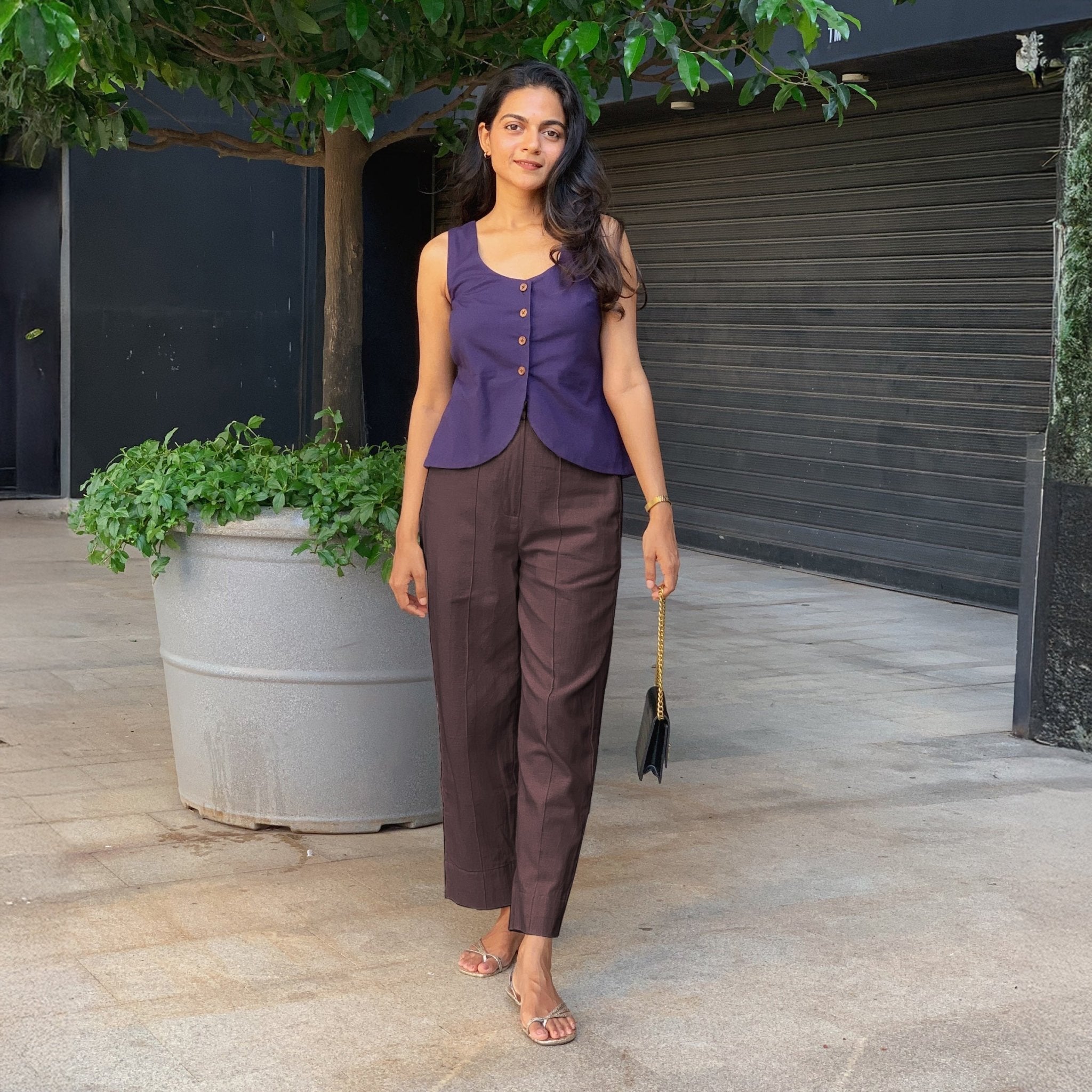 Brown Cotton Flax High-Rise Straight Leg Pant