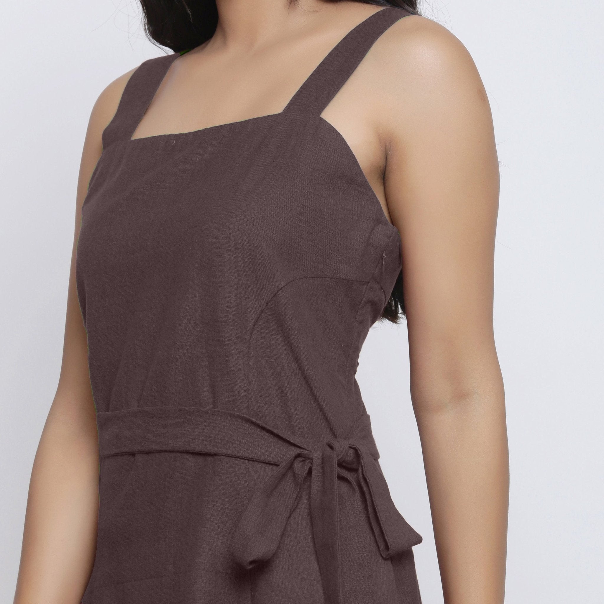 Brown Cotton Flax Knee Length Princess Line Dress