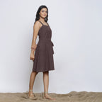 Brown Cotton Flax Knee Length Princess Line Dress
