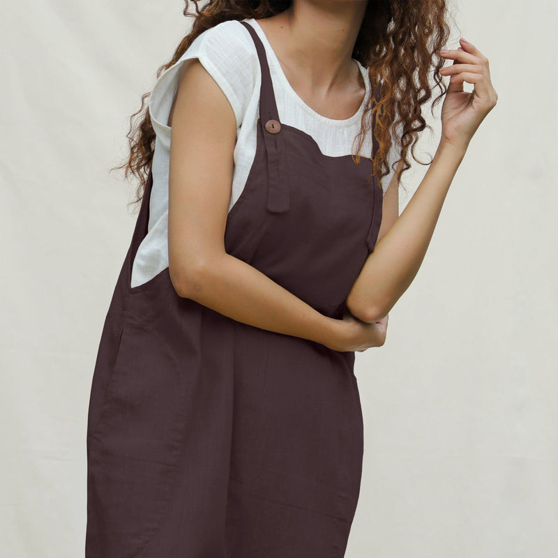 Brown Cotton Flax Midi Dungaree Jumpsuit