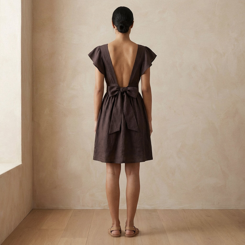 Brown Cotton Flax Open-Back Fit and Flare Knee Length Dress